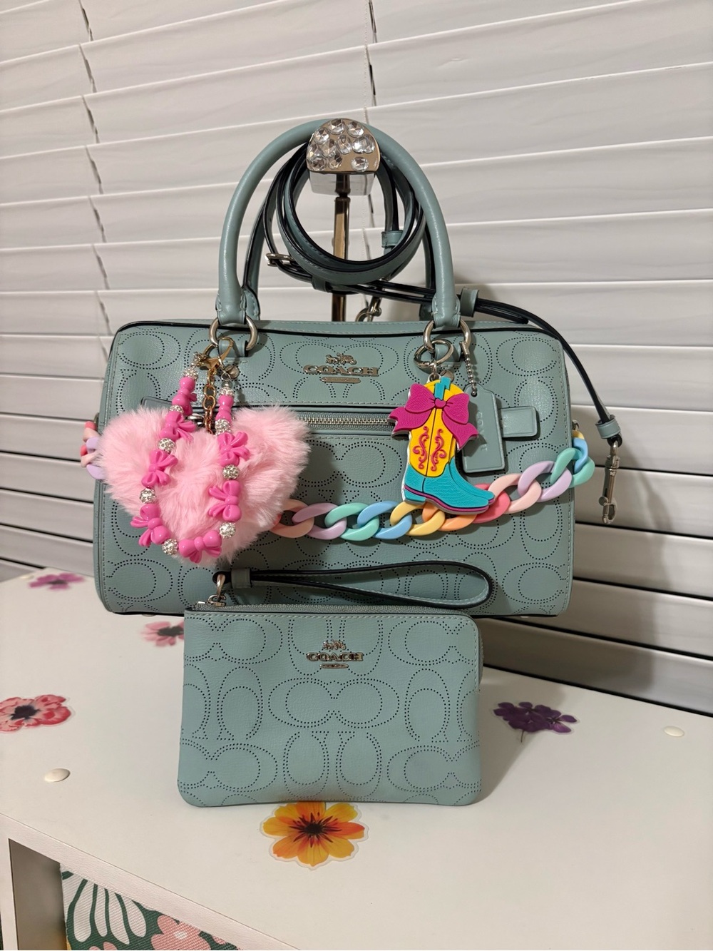 🩵🩷Coach Rowan Perforated Leather Satchel Wristlet Set Seafoam Pastel Blue🩵🩷